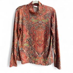 Kim Rogers Retro Print (Brown Paisley Print) Long Sleeve Turtle/Mock Neck Top